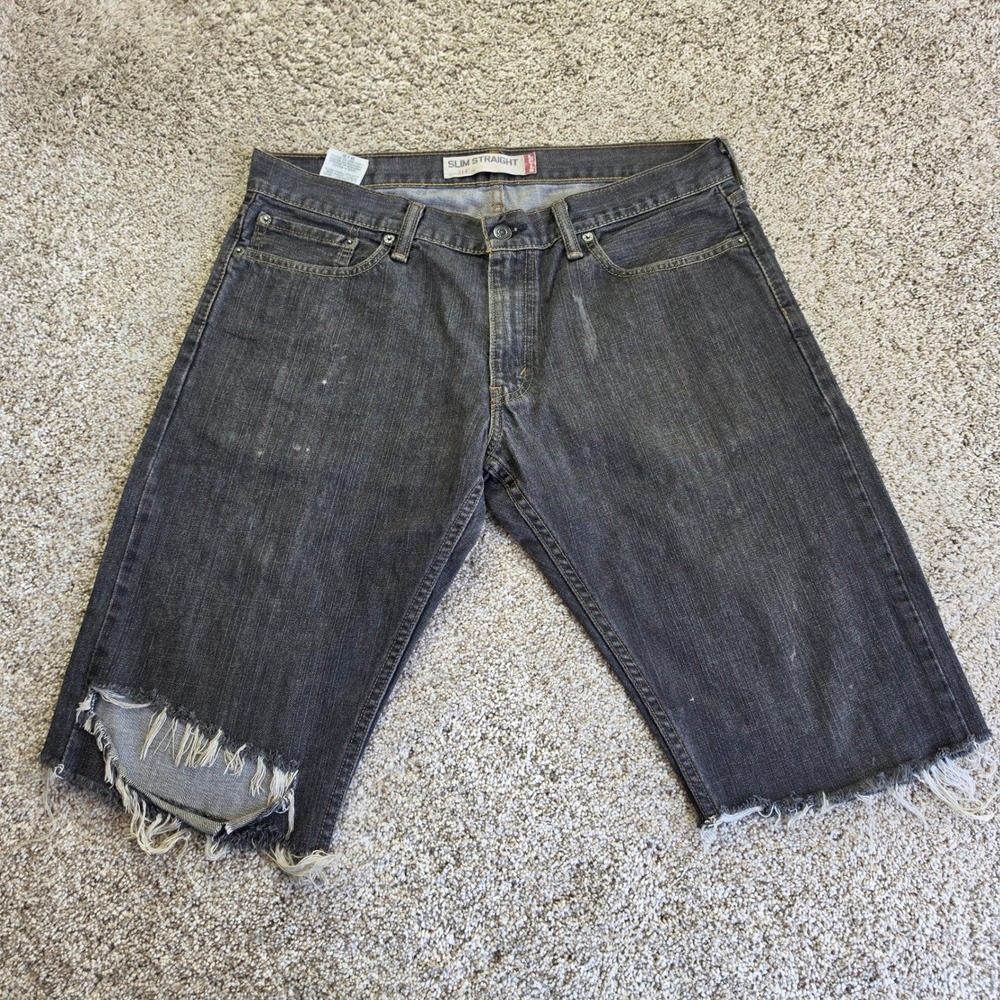 VTG Levis 514 Slim Straight Denim Shorts Mens 34 Black Distressed Cut Off Jorts